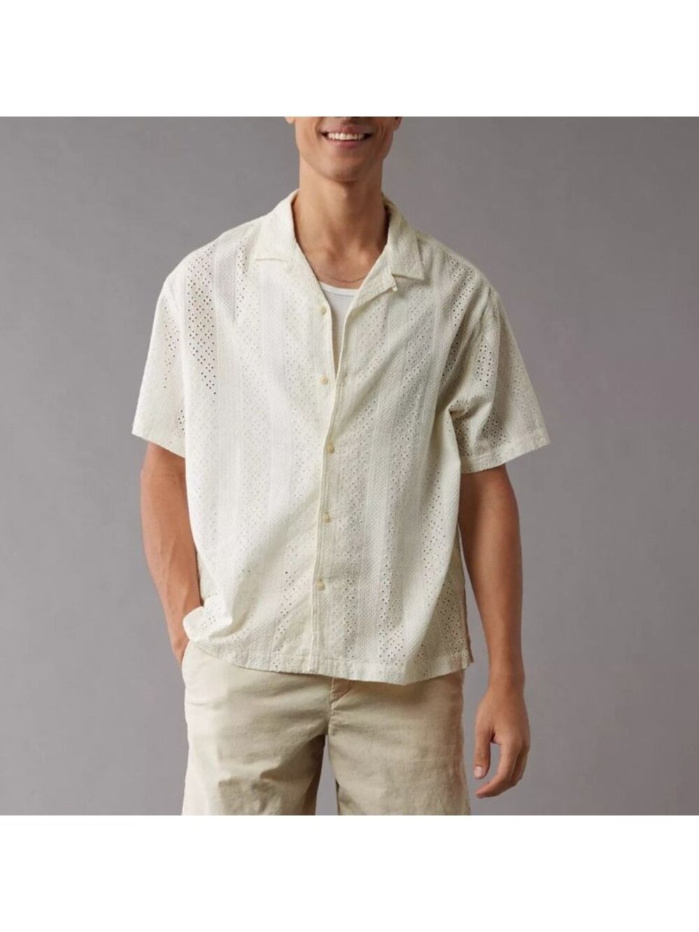 American Eagle White Eyelet Short Sleeve Poolside Shirt Mens Large Tall LT